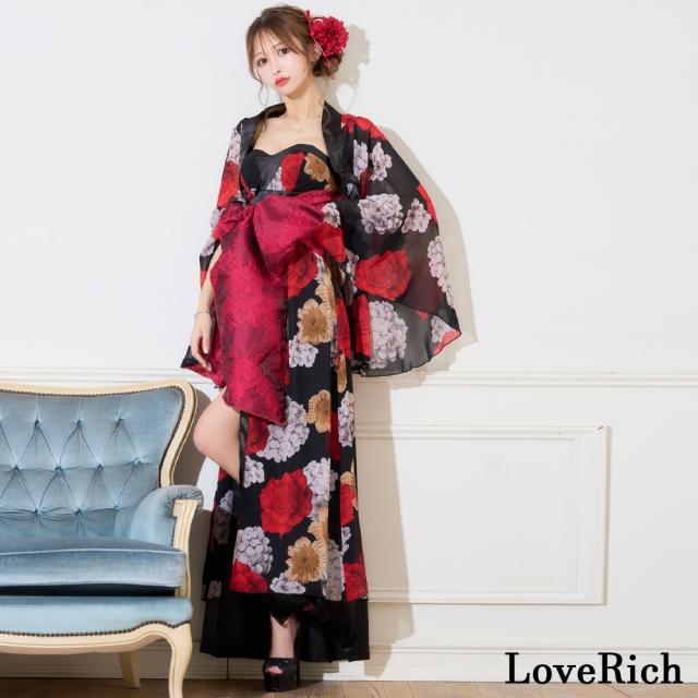 LoveRich ラブリッチ 【2WAY/3点セット】ボレロ付き 花柄 シフォン ベアトップ 豪華 帯 花魁 着物 ドレス コスプレ ハロウィン キャバドレス [0977]_6
