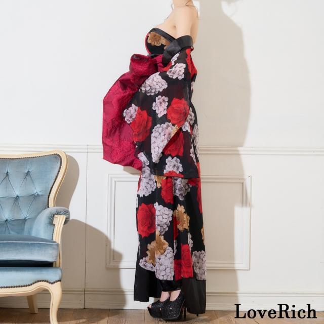 LoveRich ラブリッチ 【2WAY/3点セット】ボレロ付き 花柄 シフォン ベアトップ 豪華 帯 花魁 着物 ドレス コスプレ ハロウィン キャバドレス [0977] LoveRich ラブリッチ 【2WAY/3点セット】ボレロ付き 花柄 シフォン