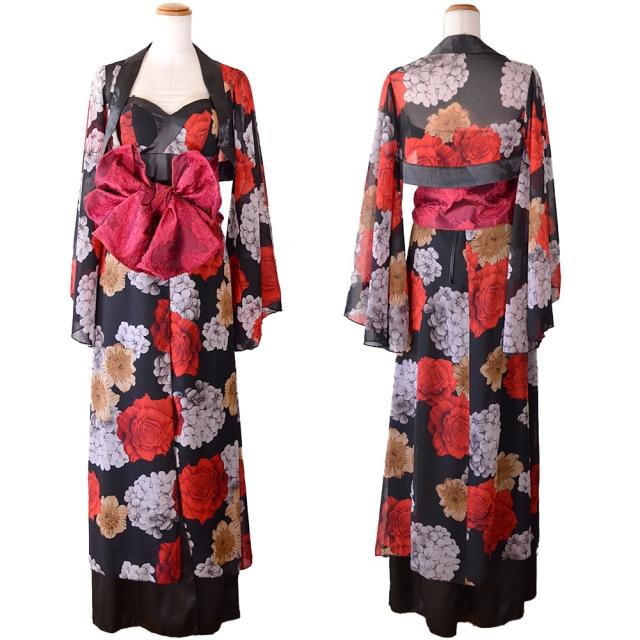 LoveRich ラブリッチ 【2WAY/3点セット】ボレロ付き 花柄 シフォン ベアトップ 豪華 帯 花魁 着物 ドレス コスプレ ハロウィン キャバドレス [0977]_11