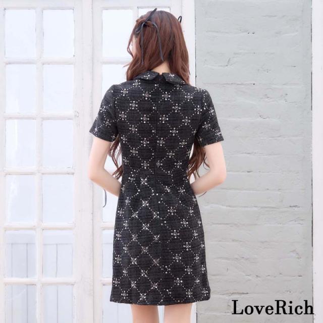 LoveRich ラブリッチ 【SMLサイズ/2カラー】襟付き スパンコール パールファスナー ボタン 襟付き 袖あり 背中隠し 美胸 タイト ミニドレス キャバドレス [1385]_8