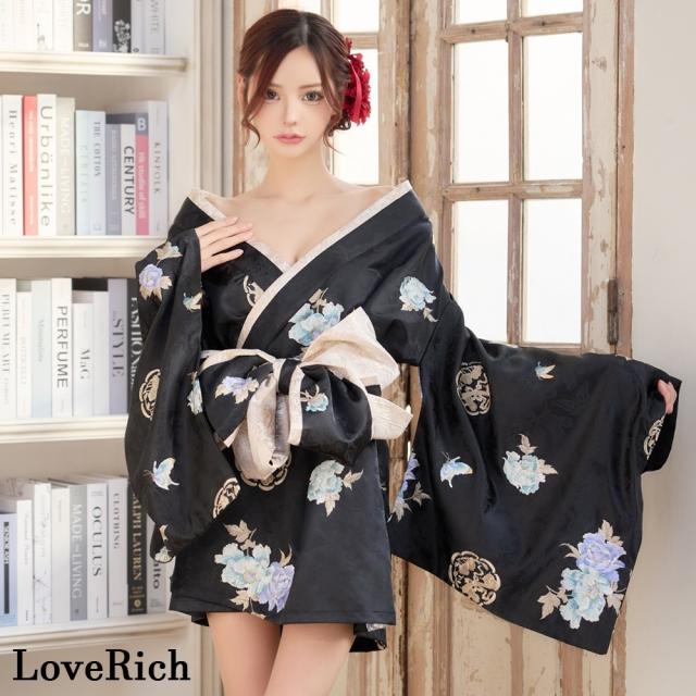 LoveRich ラブリッチ 【4カラー/2点セット】こだわり花柄刺繍 和柄 オフショル ミニ 豪華 帯 リボン 花魁 着物 ドレス コスプレ イベント ハロウィン [1388]_1