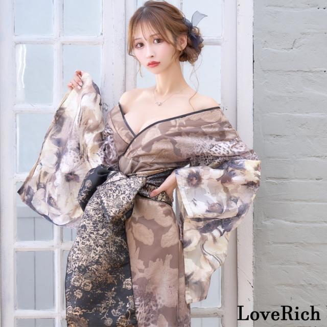 LoveRich ラブリッチ 【高級ライン】【2カラー/2点セット】ヒョウ柄 花柄 スリット ロング オフショル 豪華 花魁 着物 ドレス コスプレ イベント [1501]_2