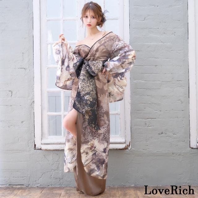 LoveRich ラブリッチ 【高級ライン】【2カラー/2点セット】ヒョウ柄 花柄 スリット ロング オフショル 豪華 花魁 着物 ドレス コスプレ イベント [1501]_3