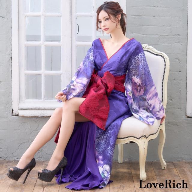 LoveRich ラブリッチ 【高級ライン】【2カラー/2点セット】ヒョウ柄 花柄 スリット ロング オフショル 豪華 花魁 着物 ドレス コスプレ イベント [1501]_4
