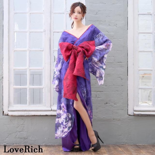 LoveRich ラブリッチ 【高級ライン】【2カラー/2点セット】ヒョウ柄 花柄 スリット ロング オフショル 豪華 花魁 着物 ドレス コスプレ イベント [1501]_5