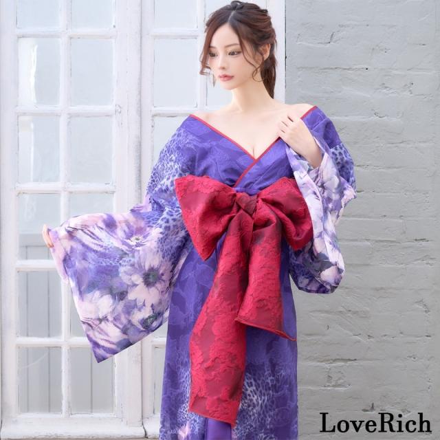 LoveRich ラブリッチ 【高級ライン】【2カラー/2点セット】ヒョウ柄 花柄 スリット ロング オフショル 豪華 花魁 着物 ドレス コスプレ イベント [1501]_6