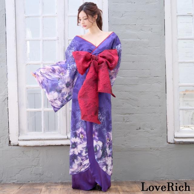LoveRich ラブリッチ 【高級ライン】【2カラー/2点セット】ヒョウ柄 花柄 スリット ロング オフショル 豪華 花魁 着物 ドレス コスプレ イベント [1501]_7