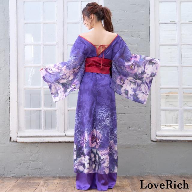 LoveRich ラブリッチ 【高級ライン】【2カラー/2点セット】ヒョウ柄 花柄 スリット ロング オフショル 豪華 花魁 着物 ドレス コスプレ イベント [1501]_13