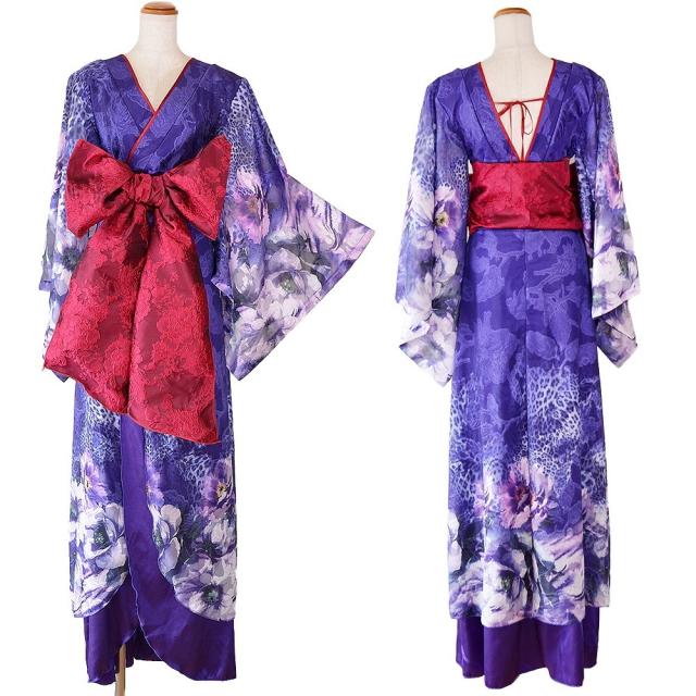 LoveRich ラブリッチ 【高級ライン】【2カラー/2点セット】ヒョウ柄 花柄 スリット ロング オフショル 豪華 花魁 着物 ドレス コスプレ イベント [1501]_15