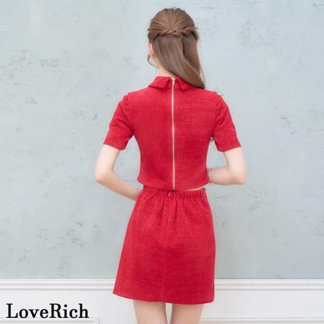 LoveRich ラブリッチ 【SMLサイズ/2カラー】ラメ入りツイード チェーン 襟付き 半袖 セットアップ ファスナー 背中隠し タイト セクシー ミニドレス [1511]_11