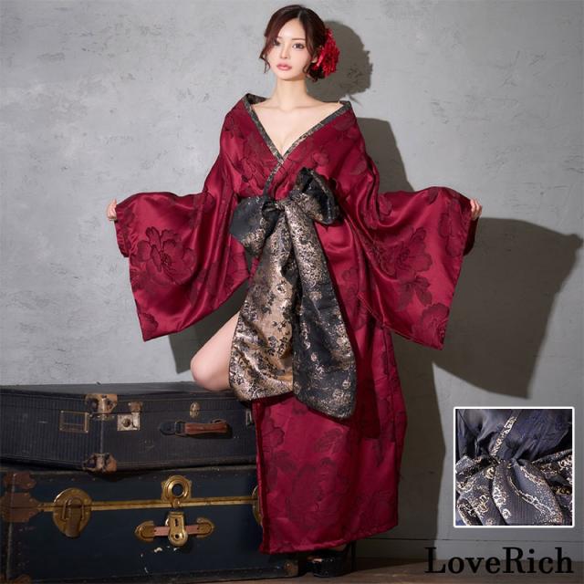 LoveRich ラブリッチ 【高級ライン】【2カラー/2点セット】花柄 ロング オフショル 豪華 花魁 着物 ドレス コスプレ イベント ハロウィン [1512]