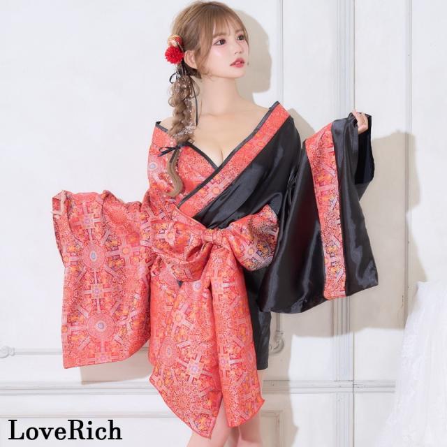 LoveRich ラブリッチ 【高級ライン】【2点セット/3カラー】バイカラー 花柄 和柄 オフショル ミニ 豪華 帯 リボン 花魁 着物 ドレス コスプレ イベント [1536]_1