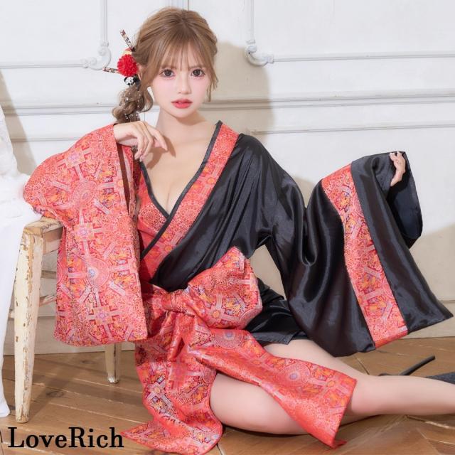 LoveRich ラブリッチ 【高級ライン】【2点セット/3カラー】バイカラー 花柄 和柄 オフショル ミニ 豪華 帯 リボン 花魁 着物 ドレス コスプレ イベント [1536]_2