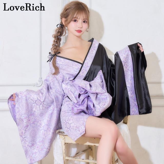 LoveRich ラブリッチ 【高級ライン】【2点セット/3カラー】バイカラー 花柄 和柄 オフショル ミニ 豪華 帯 リボン 花魁 着物 ドレス コスプレ イベント [1536]_4