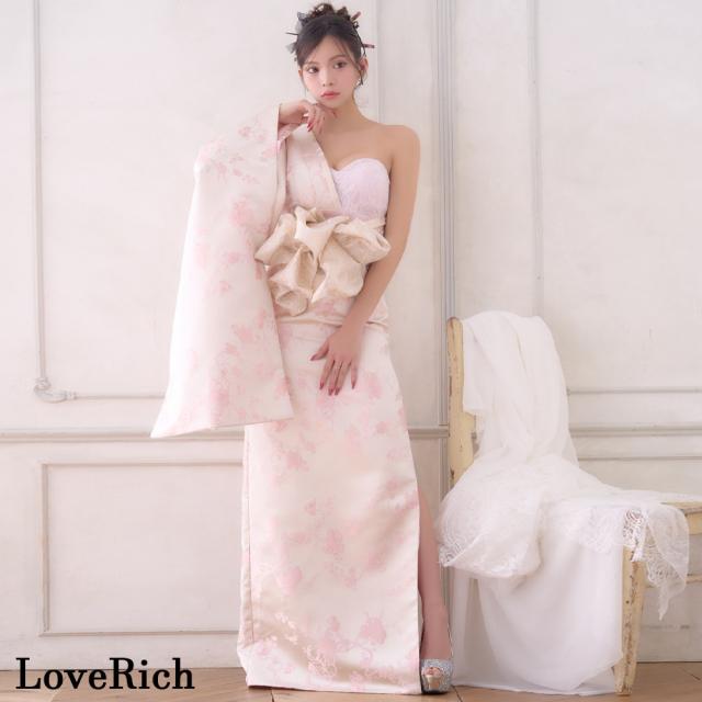 LoveRich ラブリッチ 【高級ライン】【2カラー/2点セット】ワンショル アシンメトリー 花柄 スリット 豪華 帯 花魁 着物 ドレス コスプレ キャバドレス [1522]_10