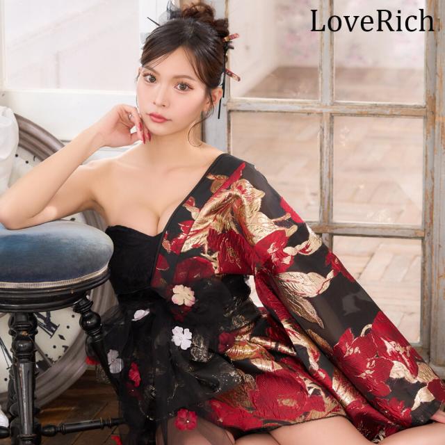 LoveRich ラブリッチ 【高級ライン】【4カラー/2点セット】ワンショル アシンメトリー 花柄 レース ミニ 豪華 帯 花魁 着物 ドレス コスプレ キャバドレス[1524]_3