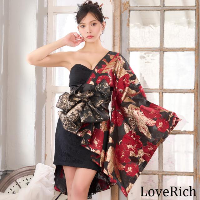 LoveRich ラブリッチ 【高級ライン】【4カラー/2点セット】ワンショル アシンメトリー 花柄 レース ミニ 豪華 帯 花魁 着物 ドレス コスプレ キャバドレス[1524]_4