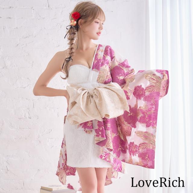 LoveRich ラブリッチ 【高級ライン】【4カラー/2点セット】ワンショル アシンメトリー 花柄 レース ミニ 豪華 帯 花魁 着物 ドレス コスプレ キャバドレス[1524]_10