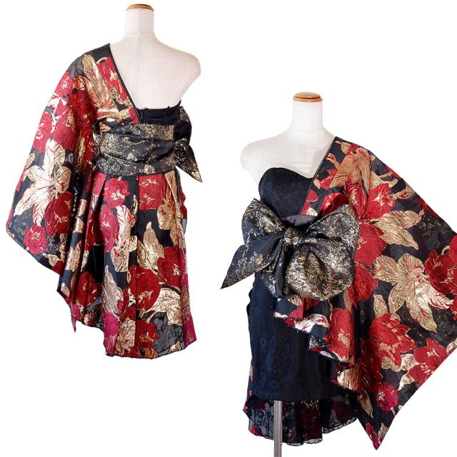 LoveRich ラブリッチ 【高級ライン】【4カラー/2点セット】ワンショル アシンメトリー 花柄 レース ミニ 豪華 帯 花魁 着物 ドレス コスプレ キャバドレス[1524]_17