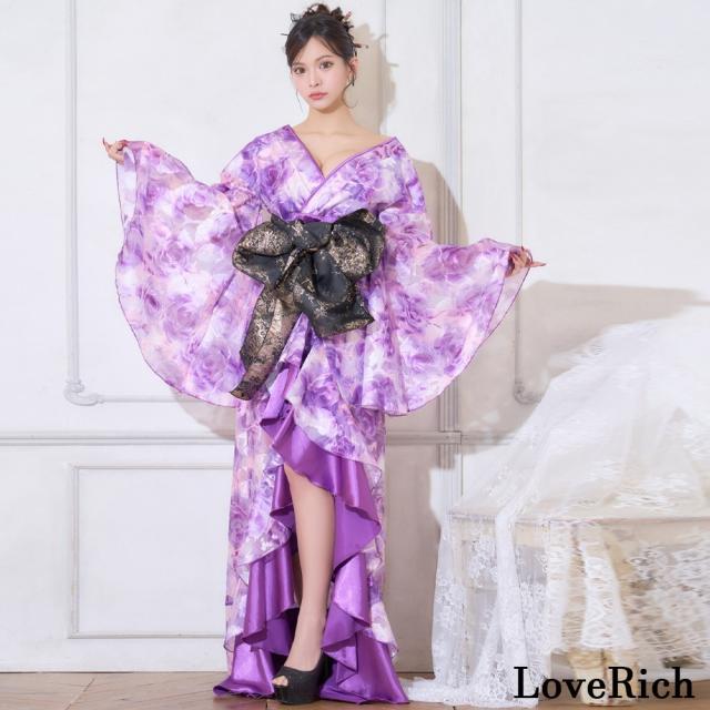 LoveRich ラブリッチ 【高級ライン】【2カラー/2点セット】艶薔薇 フリル 花柄 ロング 豪華 帯 花魁 着物 ドレス コスプレ ハロウィン キャバドレス [1530]_1
