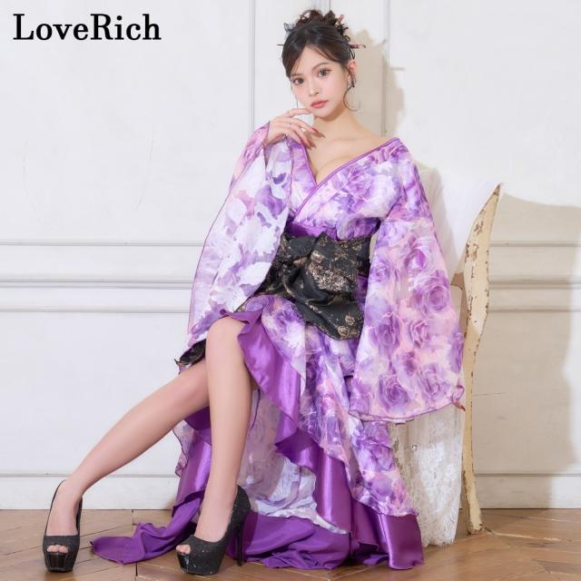 LoveRich ラブリッチ 【高級ライン】【2カラー/2点セット】艶薔薇 フリル 花柄 ロング 豪華 帯 花魁 着物 ドレス コスプレ ハロウィン キャバドレス [1530]_2