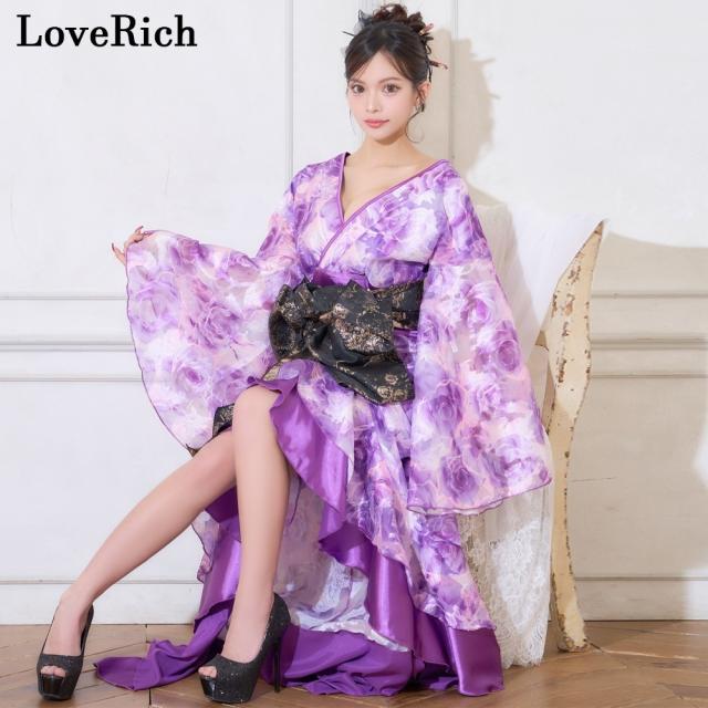 LoveRich ラブリッチ 【高級ライン】【2カラー/2点セット】艶薔薇 フリル 花柄 ロング 豪華 帯 花魁 着物 ドレス コスプレ ハロウィン キャバドレス [1530]_4
