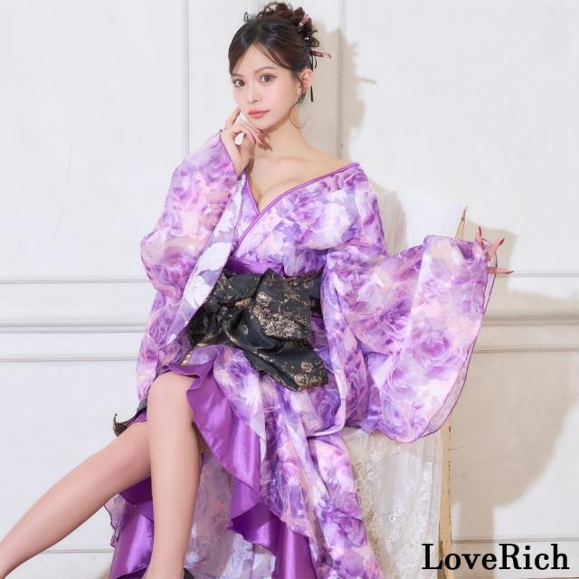 LoveRich ラブリッチ 【高級ライン】【2カラー/2点セット】艶薔薇 フリル 花柄 ロング 豪華 帯 花魁 着物 ドレス コスプレ ハロウィン キャバドレス [1530]_5