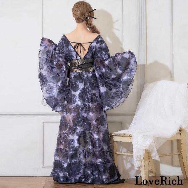 LoveRich ラブリッチ 【高級ライン】【2カラー/2点セット】艶薔薇 フリル 花柄 ロング 豪華 帯 花魁 着物 ドレス コスプレ ハロウィン キャバドレス [1530]_15