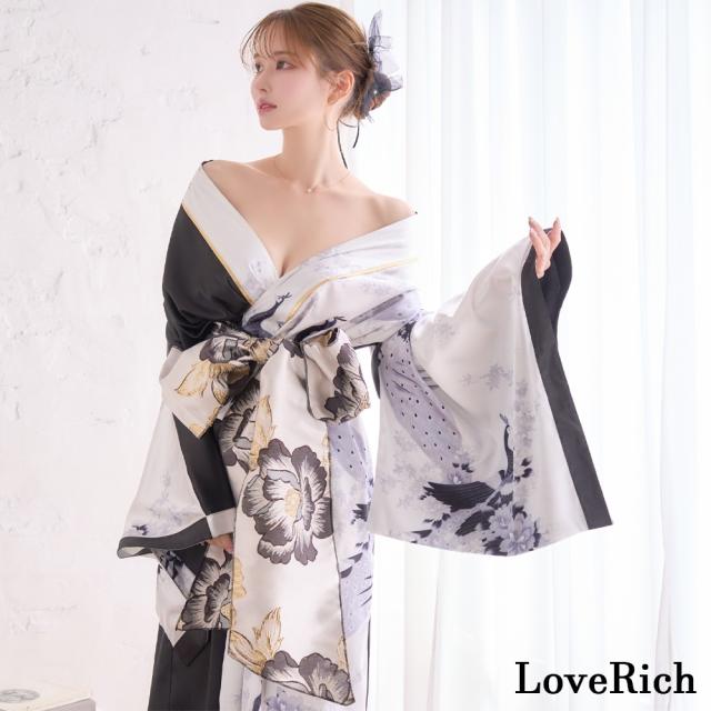 LoveRich ラブリッチ 【2点セット】バイカラー 鶴柄 和柄 花柄 ロング オフショル 豪華 花魁 着物 ドレス コスプレ イベント ハロウィン [1531]_2