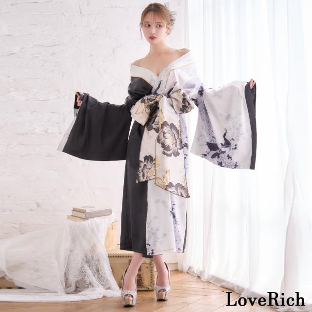 LoveRich ラブリッチ 【2点セット】バイカラー 鶴柄 和柄 花柄 ロング オフショル 豪華 花魁 着物 ドレス コスプレ イベント ハロウィン [1531]_3