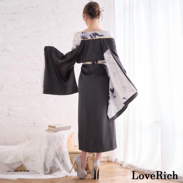 LoveRich ラブリッチ 【2点セット】バイカラー 鶴柄 和柄 花柄 ロング オフショル 豪華 花魁 着物 ドレス コスプレ イベント ハロウィン [1531]_10