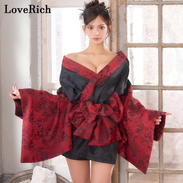 LoveRich ラブリッチ 【高級ライン】【2点セット】バイカラー 花柄 和柄 オフショル ミニ 豪華 帯 リボン 花魁 着物 ドレス コスプレ イベント ハロウィン[1542]_1