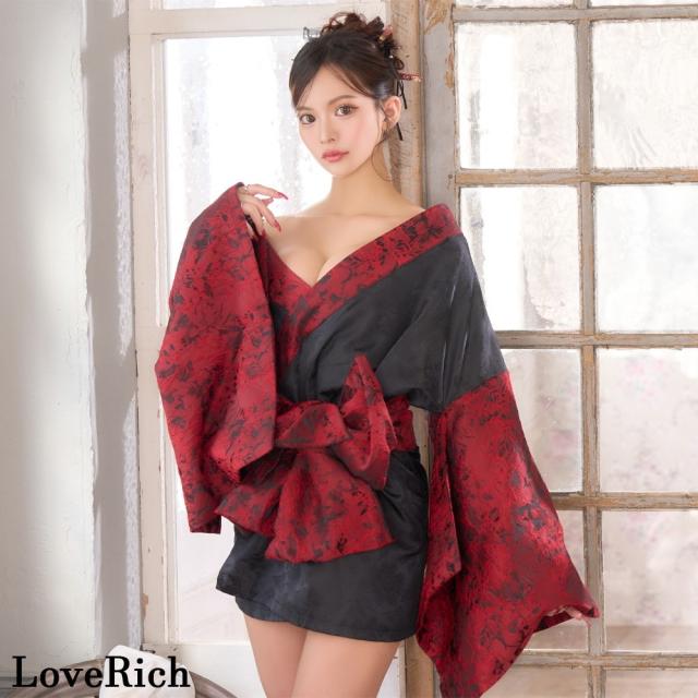 LoveRich ラブリッチ 【高級ライン】【2点セット】バイカラー 花柄 和柄 オフショル ミニ 豪華 帯 リボン 花魁 着物 ドレス コスプレ イベント ハロウィン[1542]_2