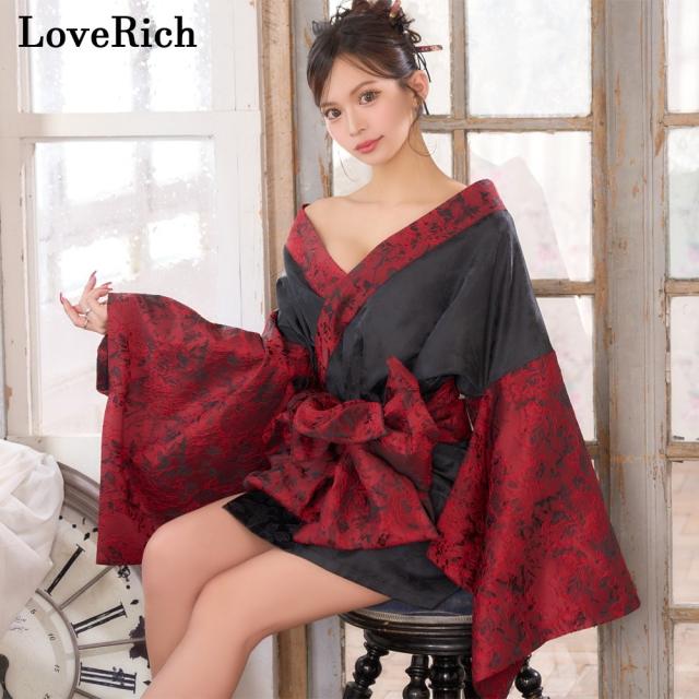 LoveRich ラブリッチ 【高級ライン】【2点セット】バイカラー 花柄 和柄 オフショル ミニ 豪華 帯 リボン 花魁 着物 ドレス コスプレ イベント ハロウィン[1542]_3