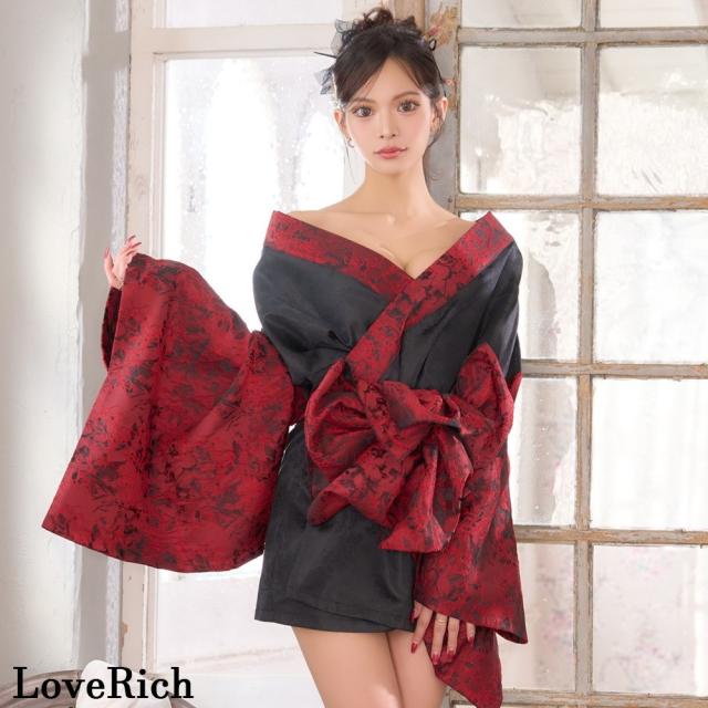 LoveRich ラブリッチ 【高級ライン】【2点セット】バイカラー 花柄 和柄 オフショル ミニ 豪華 帯 リボン 花魁 着物 ドレス コスプレ イベント ハロウィン[1542]_4