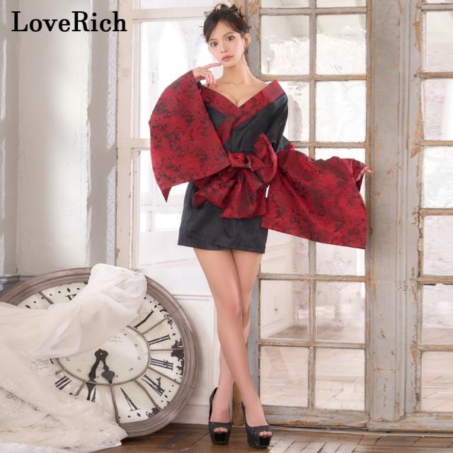 LoveRich ラブリッチ 【高級ライン】【2点セット】バイカラー 花柄 和柄 オフショル ミニ 豪華 帯 リボン 花魁 着物 ドレス コスプレ イベント ハロウィン[1542]_5