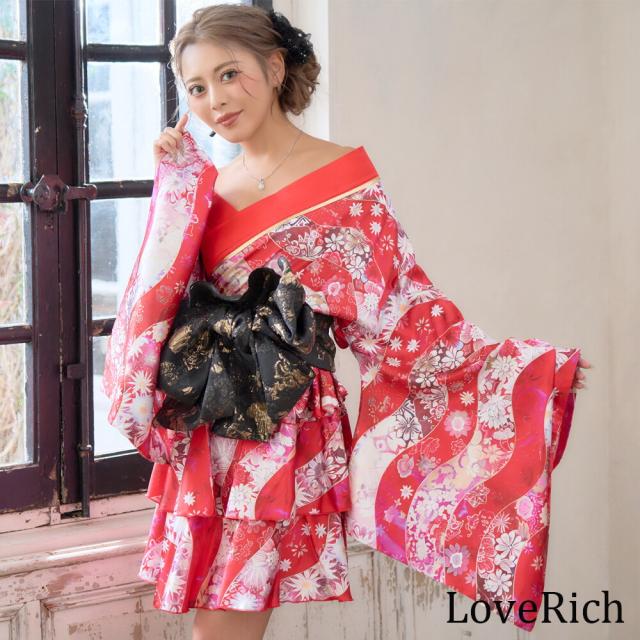LoveRich ラブリッチ 【2カラー/3点セット】花柄 セットアップ サテン生地 フリル ミニ 豪華 帯 花魁 着物 ドレス コスプレ ハロウィン キャバドレス [1569]_3