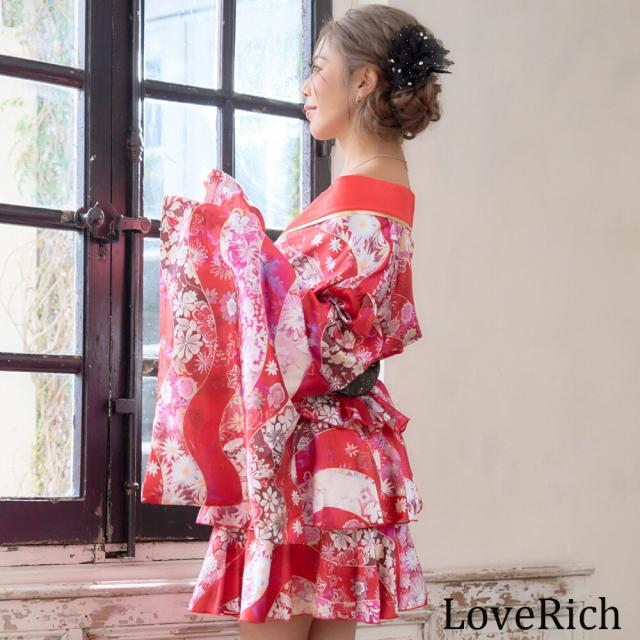 LoveRich ラブリッチ 【2カラー/3点セット】花柄 セットアップ サテン生地 フリル ミニ 豪華 帯 花魁 着物 ドレス コスプレ ハロウィン キャバドレス [1569]_4