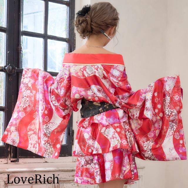 LoveRich ラブリッチ 【2カラー/3点セット】花柄 セットアップ サテン生地 フリル ミニ 豪華 帯 花魁 着物 ドレス コスプレ ハロウィン キャバドレス [1569]_5