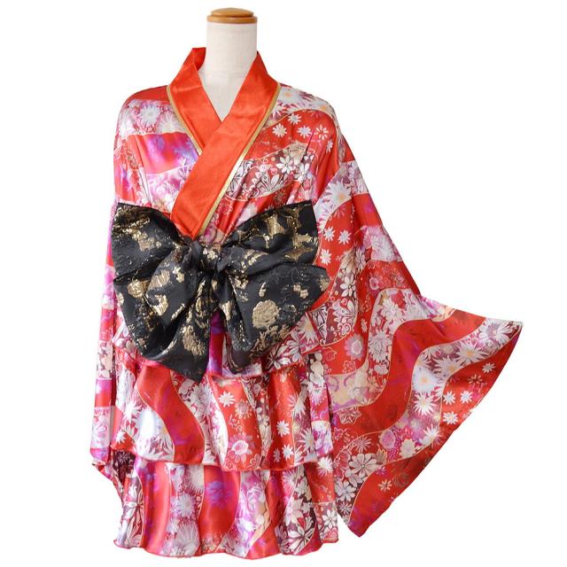 LoveRich ラブリッチ 【2カラー/3点セット】花柄 セットアップ サテン生地 フリル ミニ 豪華 帯 花魁 着物 ドレス コスプレ ハロウィン キャバドレス [1569]_10