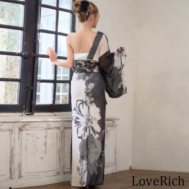 LoveRich ラブリッチ 【高級ライン】【2点セット】ワンショル モノトーン シフォン レース アシンメトリー スリット 帯 花魁 着物 ドレス キャバドレス [1574]_8