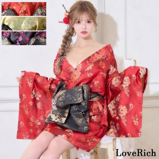 LoveRich ラブリッチ 【高級ライン】【3カラー/2点セット】艶花 花柄 帯 花魁 着物 ドレス コスプレ ハロウィン キャバドレス [1513]