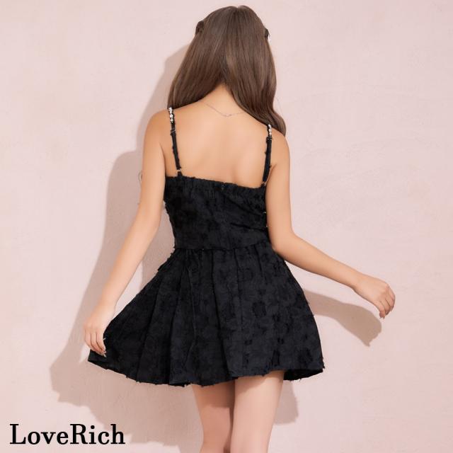 LoveRich ラブリッチ 【SMLサイズ/2カラー】ビジュー ショルダー フロントジップ セットアップ フレアスカート リボン ミニドレス キャバドレス [1545]_15