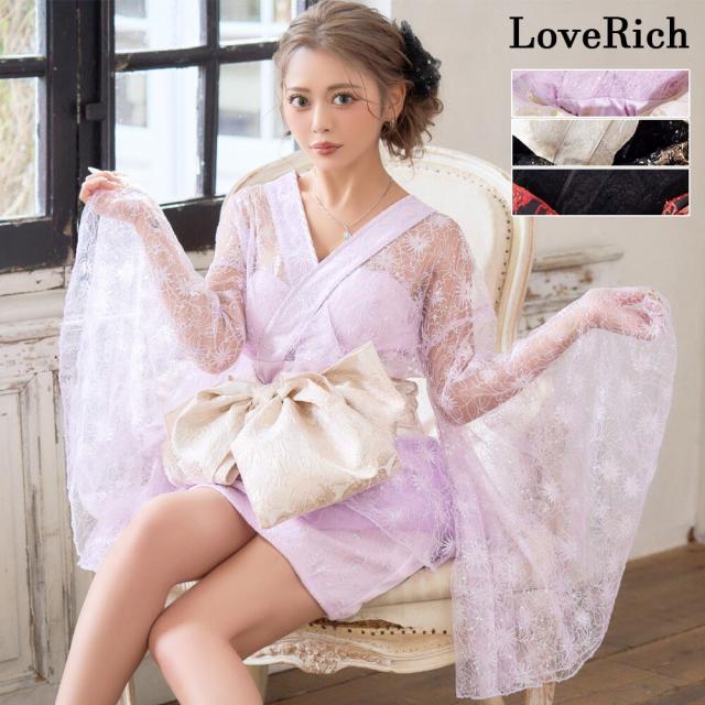 LoveRich ラブリッチ 【高級ライン】【3カラー/2点セット】煌めきを纏う スパンコール レース ミニ 豪華 帯 花魁 着物 ドレス コスプレ キャバドレス [1547]