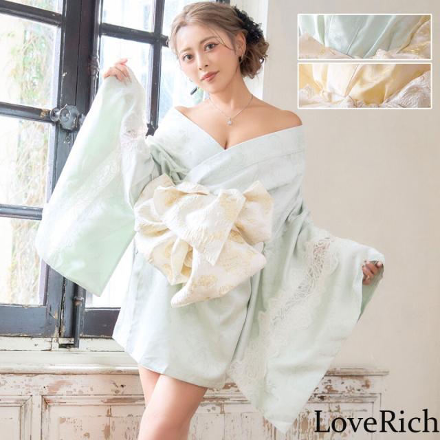 LoveRich ラブリッチ 【高級ライン】【2カラー/2点セット】レーススリーブ 光沢花柄 帯 花魁 着物 ドレス コスプレ ハロウィン キャバドレス [1556]
