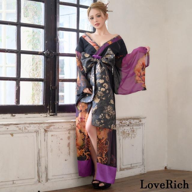 LoveRich ラブリッチ 【高級ライン】【2カラー/2点セット】オリエンタルフラワー シフォン 花柄 スリット 豪華 帯 花魁 着物ドレス キャバドレス [1560]_2