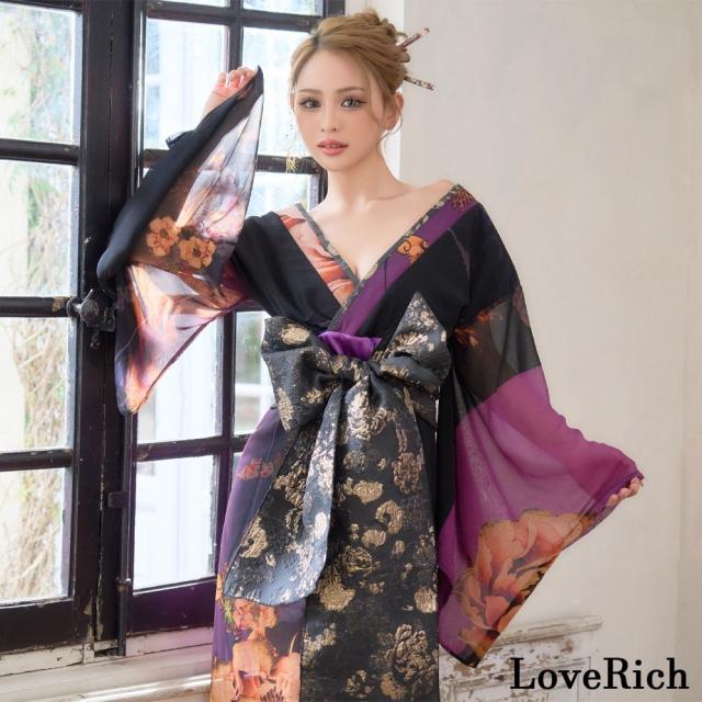 LoveRich ラブリッチ 【高級ライン】【2カラー/2点セット】オリエンタルフラワー シフォン 花柄 スリット 豪華 帯 花魁 着物ドレス キャバドレス [1560]_3
