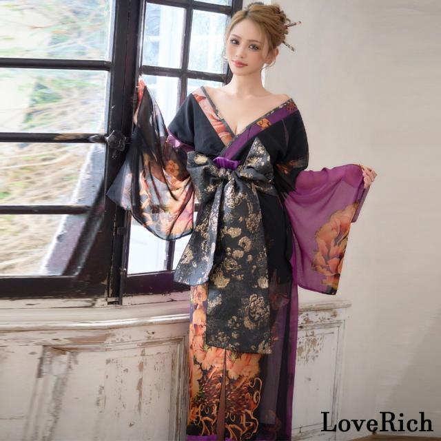 LoveRich ラブリッチ 【高級ライン】【2カラー/2点セット】オリエンタルフラワー シフォン 花柄 スリット 豪華 帯 花魁 着物ドレス キャバドレス [1560]_5