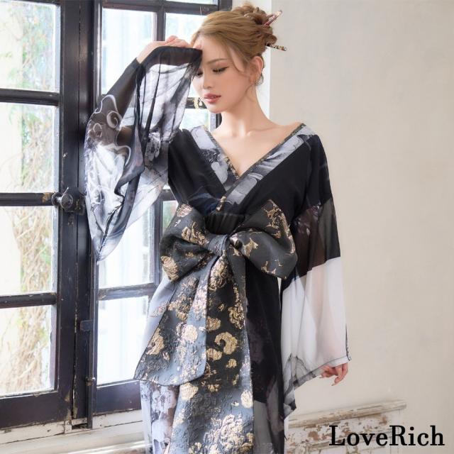 LoveRich ラブリッチ 【高級ライン】【2カラー/2点セット】オリエンタルフラワー シフォン 花柄 スリット 豪華 帯 花魁 着物ドレス キャバドレス [1560]_7