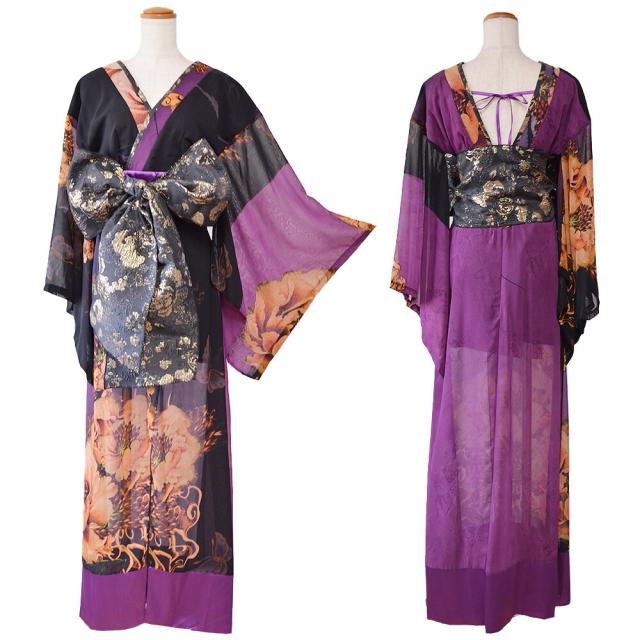 LoveRich ラブリッチ 【高級ライン】【2カラー/2点セット】オリエンタルフラワー シフォン 花柄 スリット 豪華 帯 花魁 着物ドレス キャバドレス [1560]_17